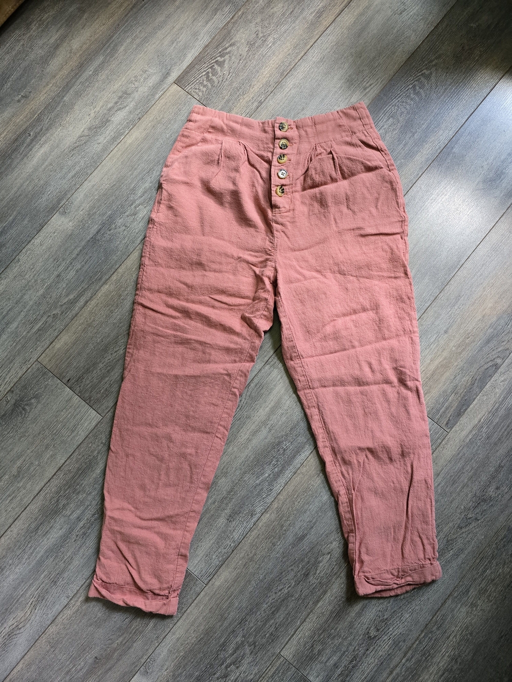 High-Waist Button-Front Linen Pink Pants